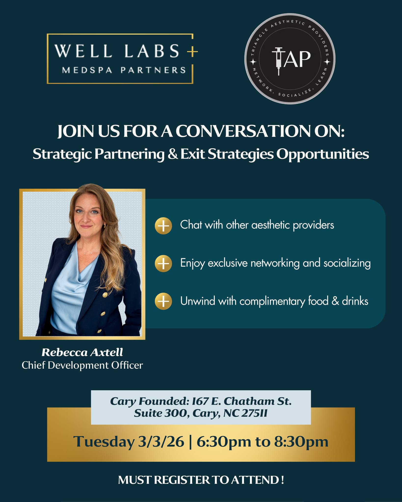 Well Labs+ is partnering with @triangleaestheticproviders  for a candid conversation on strategic partnerships, exit strategies, and what’s happening in today’s medspa market.

Join Rebecca Axtell, our Chief Development Officer, for an open discussion around growth, consolidation, and what owners are seeing on the ground.

• Tuesday, 3/3/26 | 6:30–8:30PM
• Cary Founded: 167 E. Chatham St. Suite 300, Cary, NC 27511
• Free to attend (registration required - link in our bio)

If you’re an owner or provider thinking about what’s next — let’s talk.